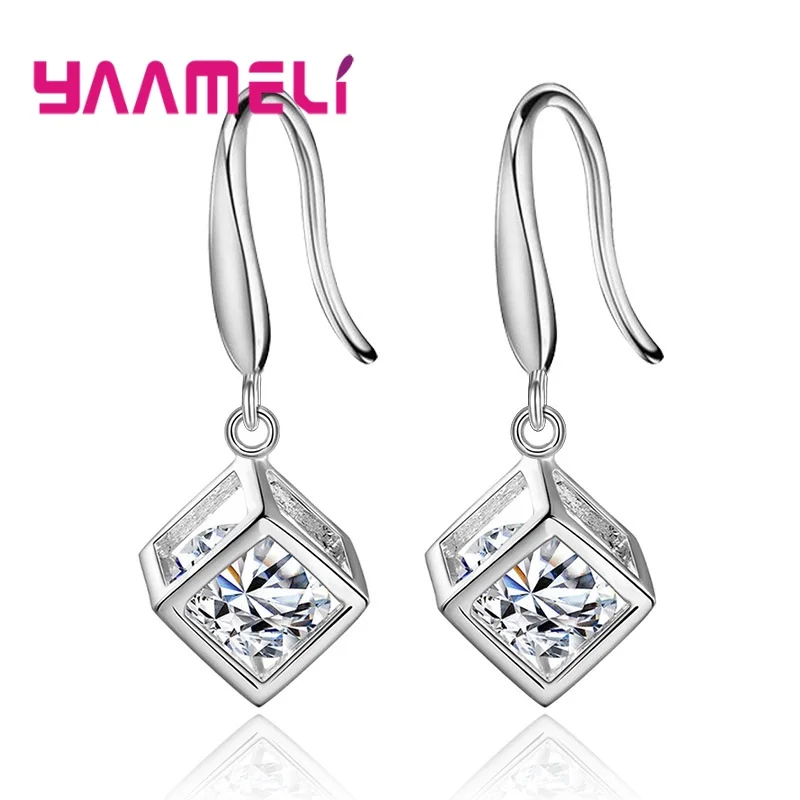 

Prevent Allergy 925 Sterling Silver Cubic Zirconia Cube Earrings for Women Fashion CZ Crystal Female Wedding Party Gift Jewelry