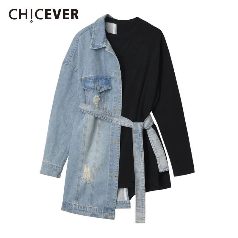 

CHICEVER Designer Jacket For Women Lapel Long Sleeve High Waist Lace Up Loose Patchwork Hit Color Oversized Coat Female 2021 New