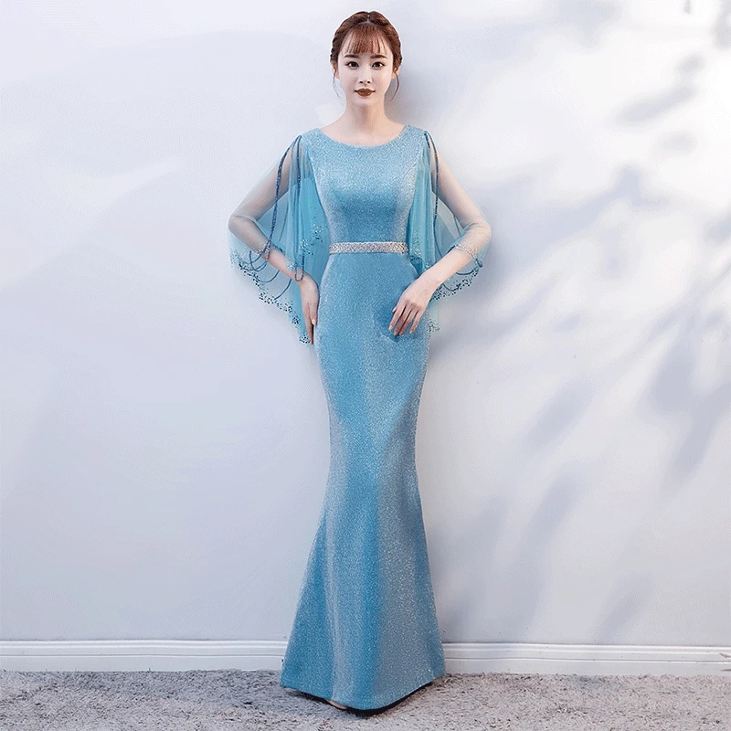 Exquisite Crystal Perspective Batwing Sleeve Cheongsam Elegant Crew Neck Blue Mermaid Qipao Luxury Chorus Host Banquet Dress