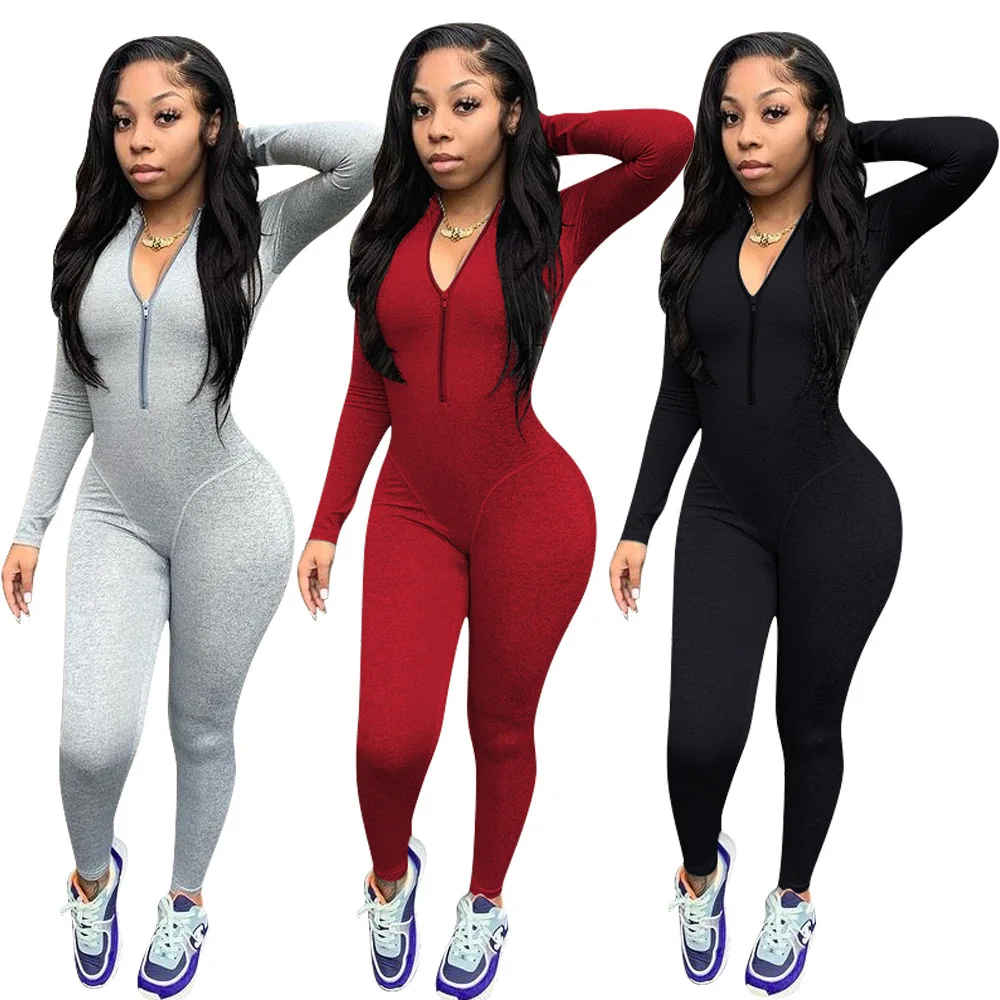 

Fall 2021 New Long Sleeve Solid Color Zip Up Jumpsuit
