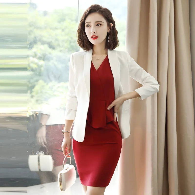 2019 белый костюм + платье двухсекционная юбка Женский офисный женские офисные