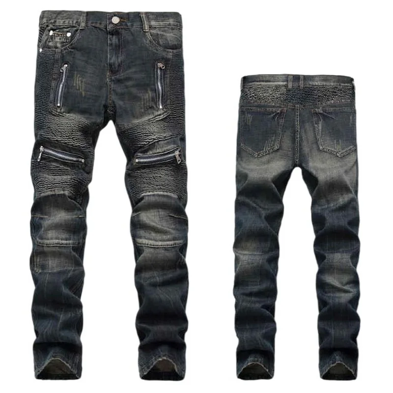 

Men's Jeans Beggar Pants Zipper Frayed Jeans Men's Jeans Ripped Multi-Zipper Size 28-42
