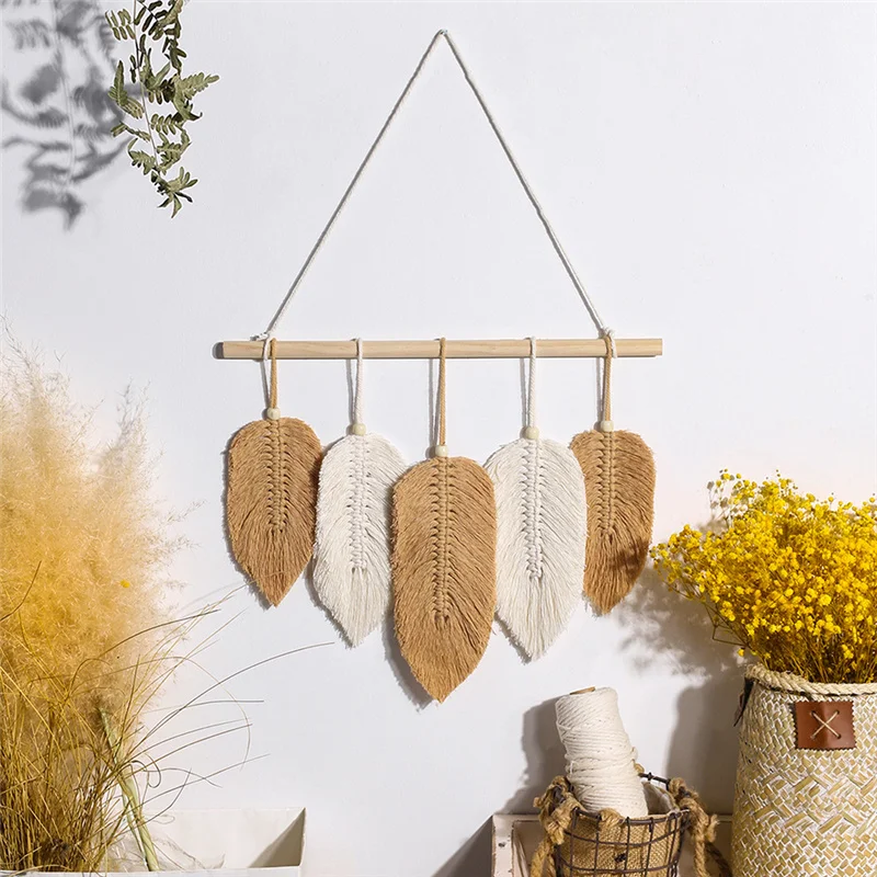 

Leaves Feather Woven Cotton Tapestry Wall Hanging Wedding Bedroom Bedside Macrame Bohe Home Wall Decoration