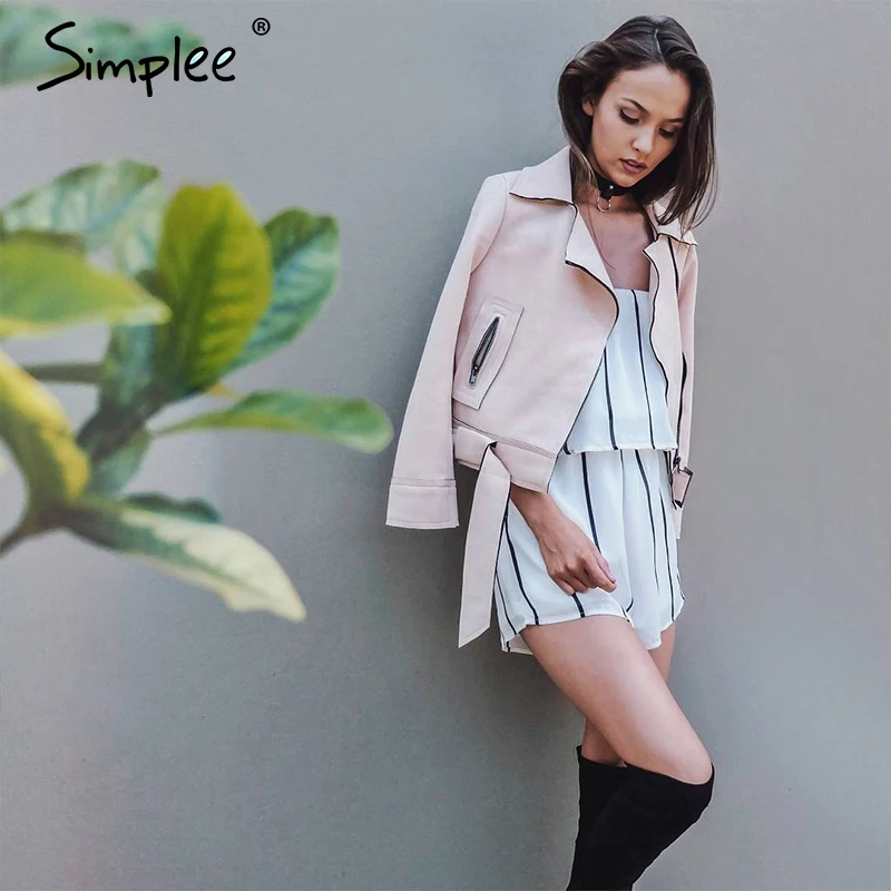 Женский розовый замшевый пиджак Simplee мотоциклетная куртка на молнии короткая с