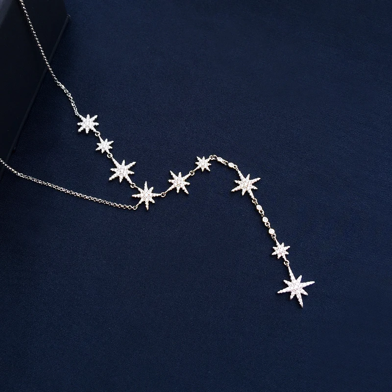 

s925 sterling silver May new Star shape necklace female light luxury natural pearl six-pointed star long clavicle chain