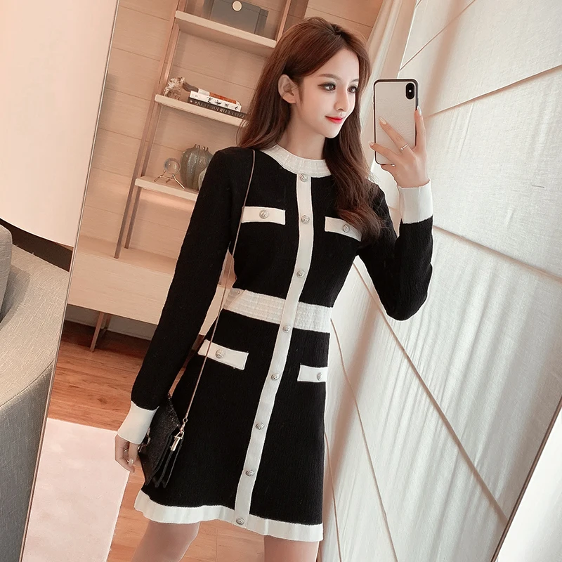 

2021New Fashion Summer Dress Women Elegant Vintage Hit Color Patchwork Dresses Ladies Runway Knitting Dress