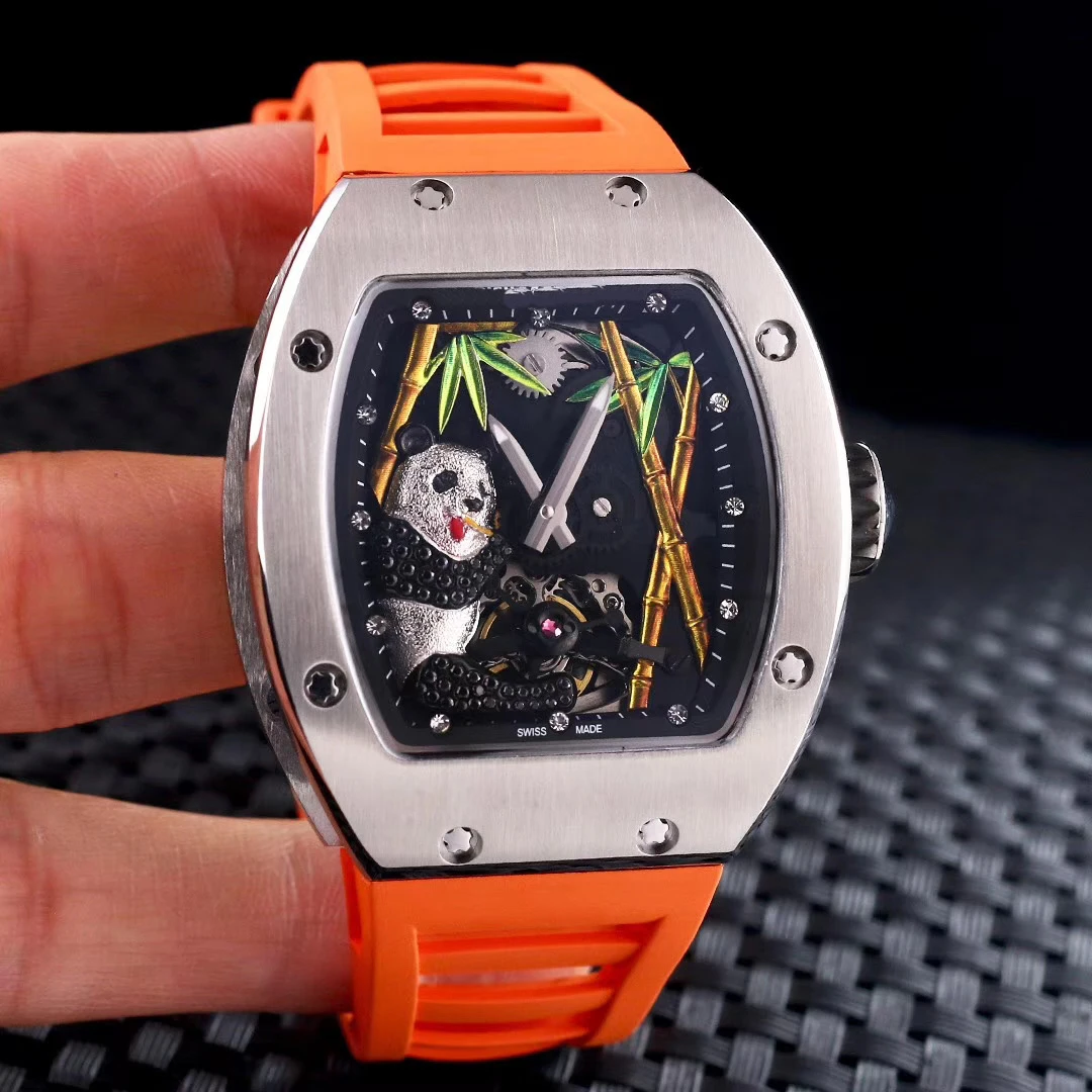 

2020 Luxury Brand New Men Automatic Mechanical Skeleton Blue Black Silver Rubber Panda Stainless Steel Watch Tourbillion Limited