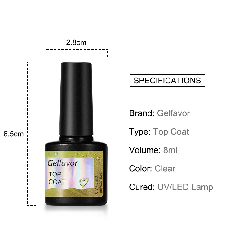 

Gelfavor Top Coat Gel Nail Polish 8ml Transparent Long Lasting Manicure UV Primer Gel Lacquer Nail Art Base Coat