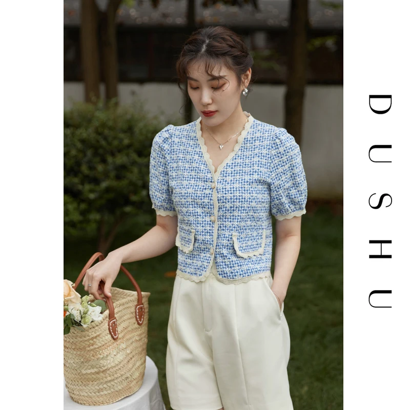 

DUSHU Plus Size Office Lady Women's Romantic Sweet Embroidered Top 2021 Summer New Retro Temperament V-neck Small Cardigan