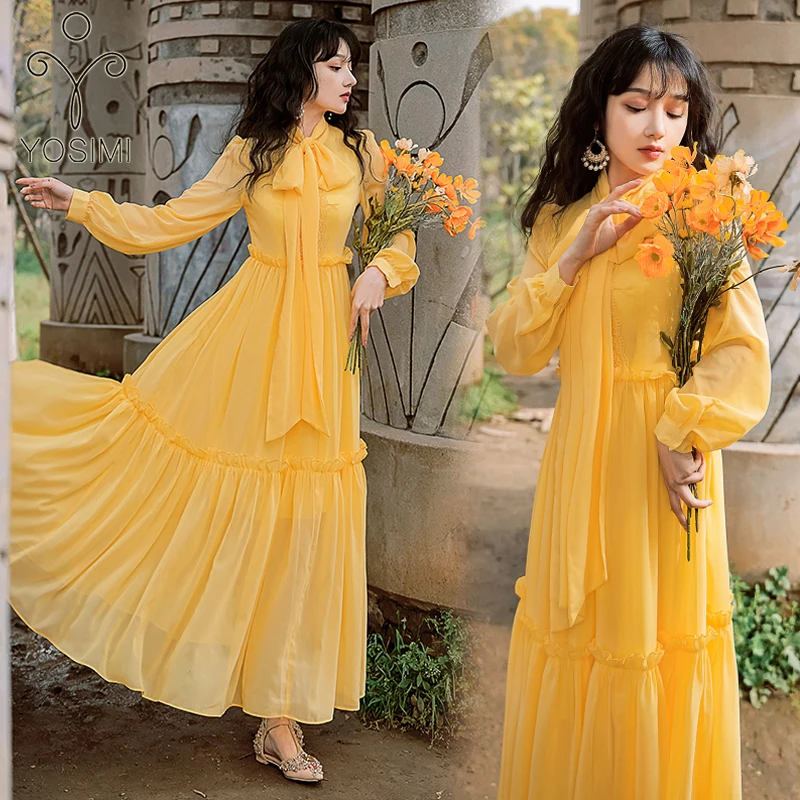 

YOSIMI Long Women Dress 2021 Spring Summer Maxi Bow Neck Ankle-Lenght Yellow Chiffon Dress Elegant Long Sleeve Vestido Feminino