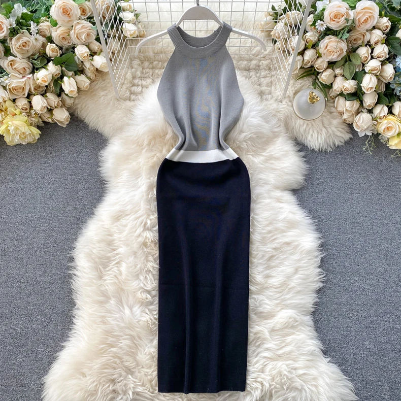 

2021 Sexy Halter Neck Slim Knit Dress Casual Summer Patchwork Bodycon Midi Hip Pencil Dresses Women Party Club Clothing Pink