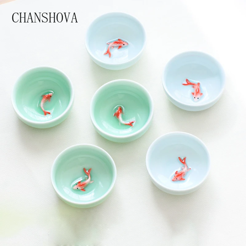 CHANSHOVA китайский стиль ручная резьба Селадон рыба шесть чайных чашек 45 мл голубой