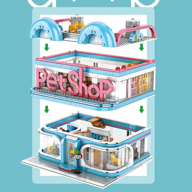 

1082 PCS 86004 Street View Series Pet Shop Blue and Pink Small Building Blocks Bricks Birthday Christmas Gift for Kids