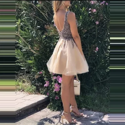 Короткие платья цвета шампанского для встречи выпускников блестки v-образный