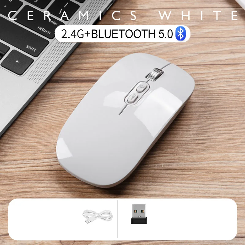 Ceramics White Элегантная перезаряжаемая Bluetooth 5,0 Беспроводная Бесшумная оптическая мышь с двойным режимом 2,4G Бесшумная эргономичная мышь для ноутбука - Цвет: Ceramics White