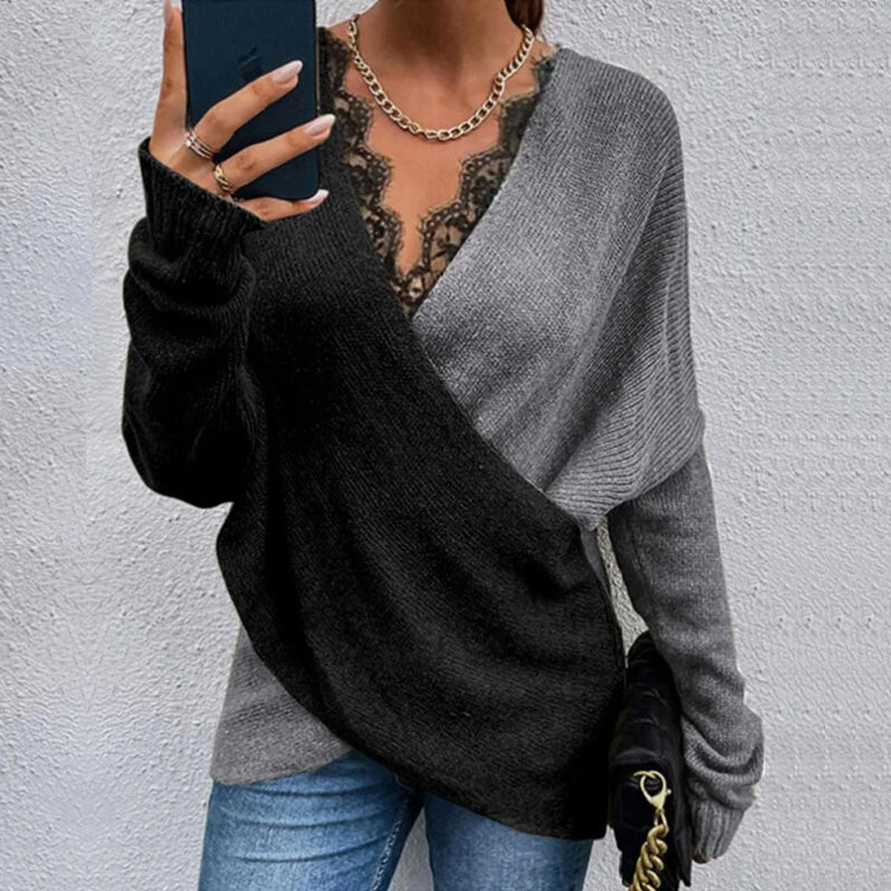 

Chicme 2022 Spring Women Colorblock Contrast Lace Sweater Long Sleeve Jumper V-Neck Wrap Casual Knitted Top Going Out Sweater