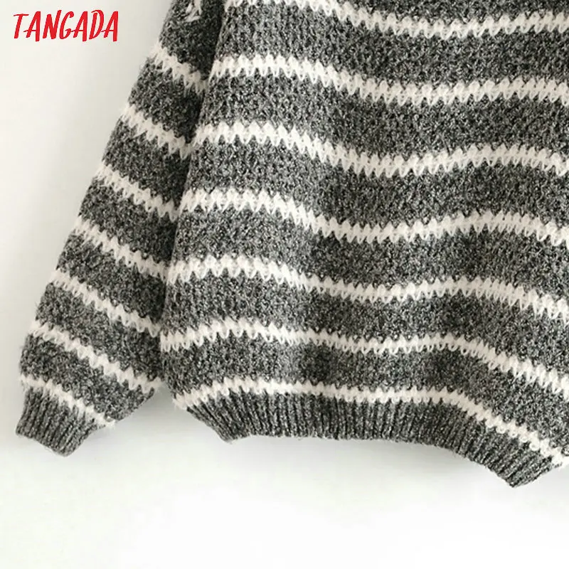 Tangada осенне-зимний модный женский полосатый свитер с круглым вырезом, тянущийся длинный рукав, свободный черный розовый мягкий свитер для девушек AH66