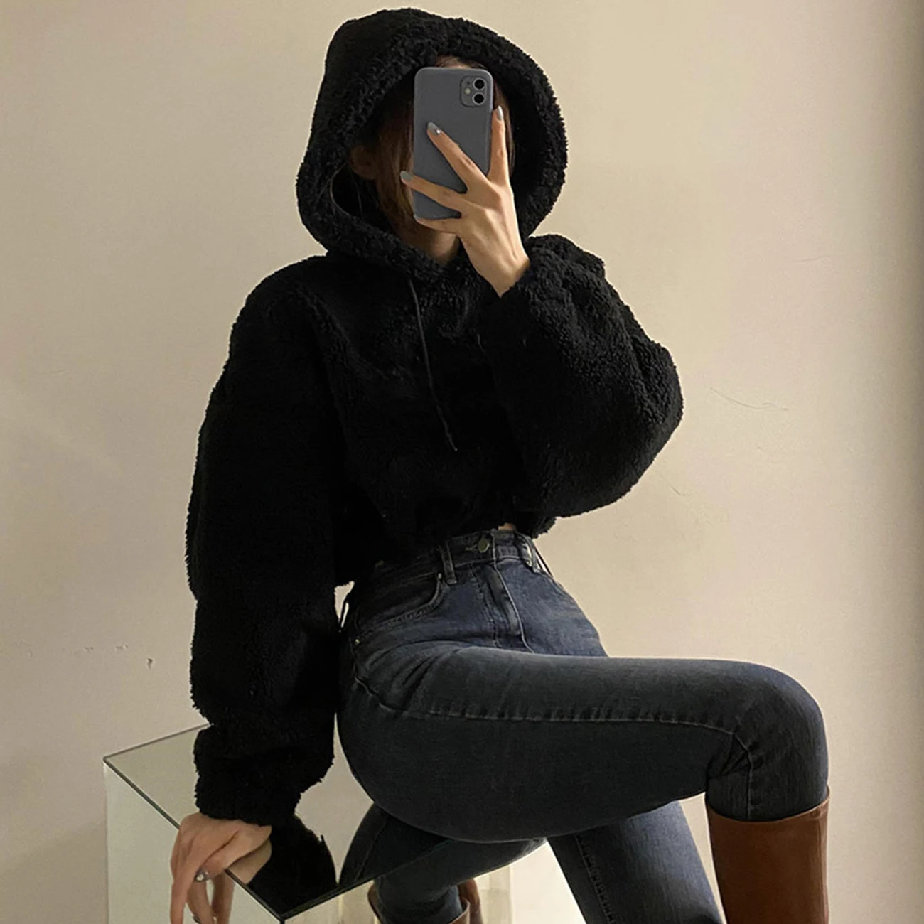 

2020AW Lambswool Hooded Jackets Women Harajuku Streetwear Bomber Jacket Coat Outwear Korean Style Solid Color Black Coat