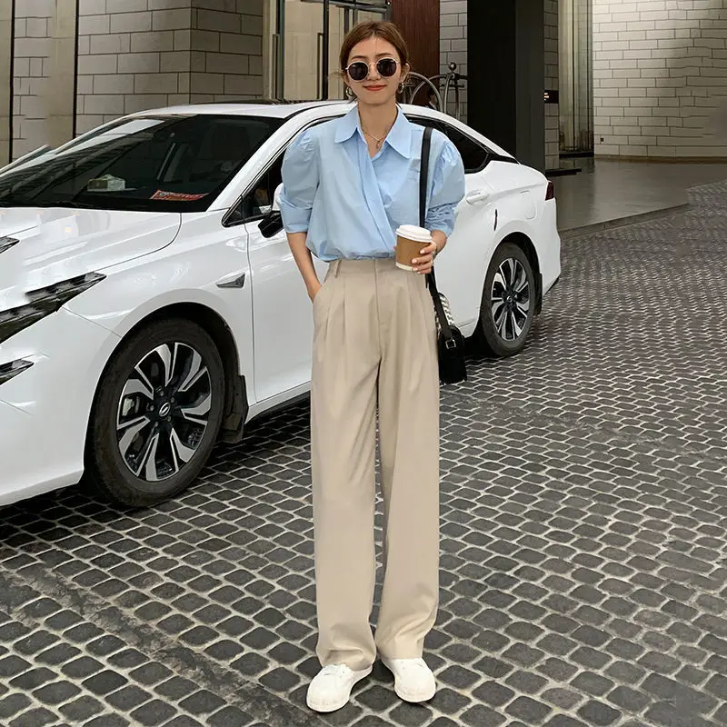 

Retro Straight Wide Leg Brown Pants Vintage Female Korean High Waist Casual Long Coffee Pants White Beige Trousers