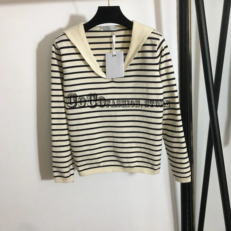 

luxury design 21 fashion women Brand clothing Letter jacquard sailor collar long sleeve Striped knitting sweater woman sweaters