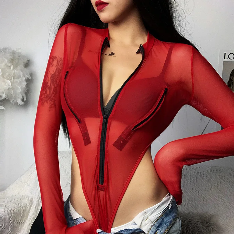

Women Solid Color Mesh Waist Jumpsuit Female Style Perspective Zipper Long Sleeve Sexy Wild Bottoming