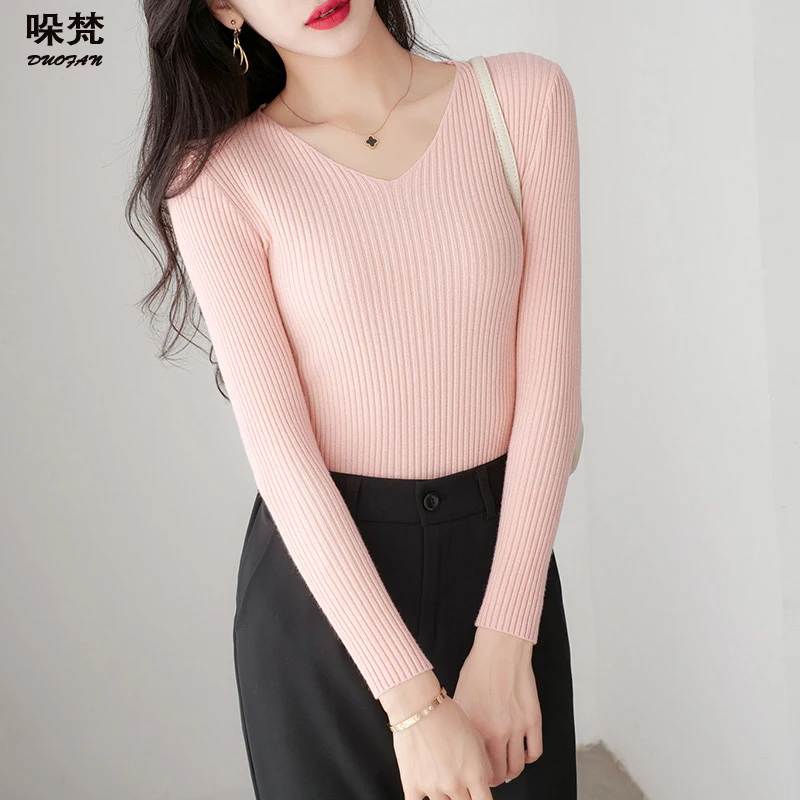 

DUOFAN Sweater Women Solid V-neck Pullover Knitted Elegant Slim Fit Jumper Autumn Winter Base Clothes Knitwear Long Sleeve Top