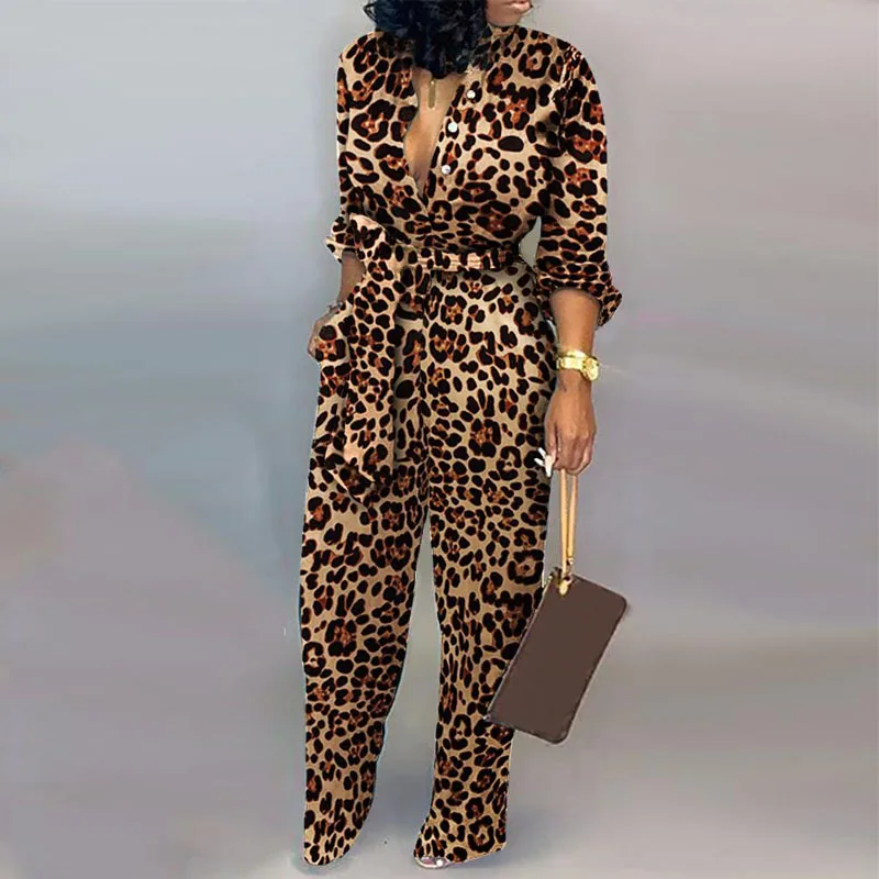 Высокое качество Леопардовый принт длинный рукав комбинезон с поясом женский |