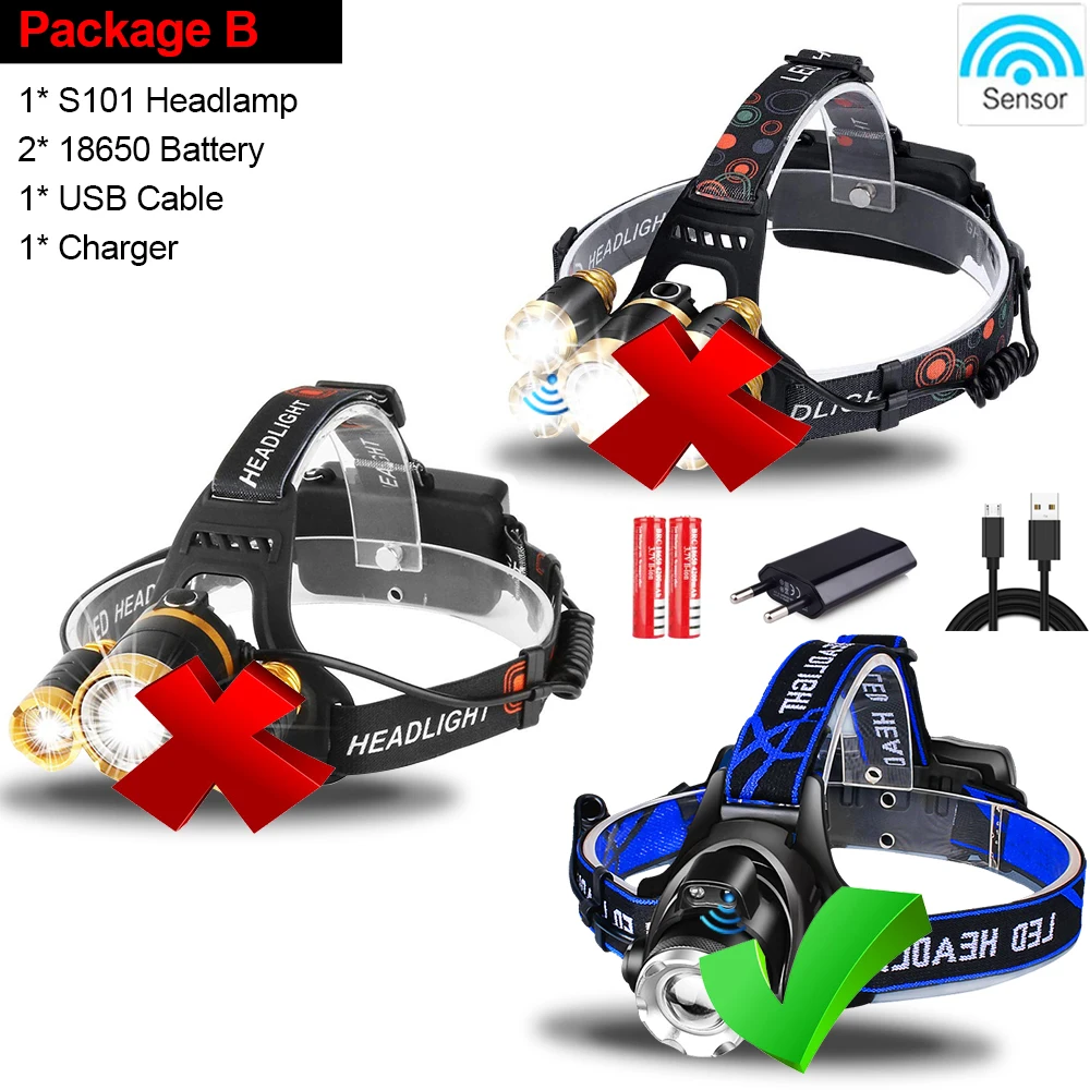Package B Ярких Сенсор фары T6 яркий СВЕТОДИОДНЫЙ Фонарь налобный фонарь Водонепроницаемый светодиодный головной светильник вспышки светильник головной светильник перезаряжаемые 18650 z91 - Испускаемый цвет: Package B