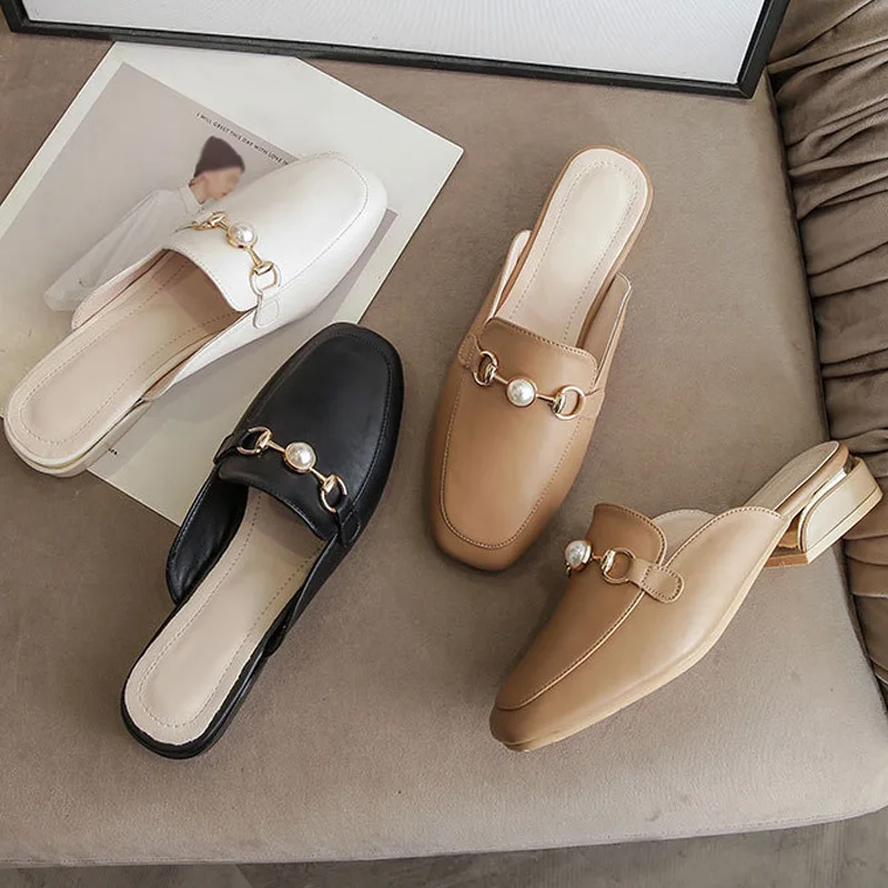 

Women's Slippers 2021 PU Leather Square Toe Metal Ladies Solft pearl Mules Fashion Elegant Non Slip Female Plus Size Summer