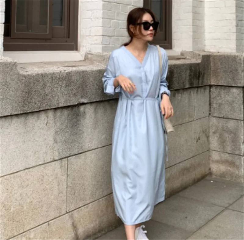 Женское богемное Платье макси с длинным рукавом синее повседневное тонкое