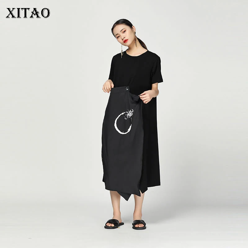 Женское асимметричное платье XITAO летнее свободное с круглым вырезом и коротким