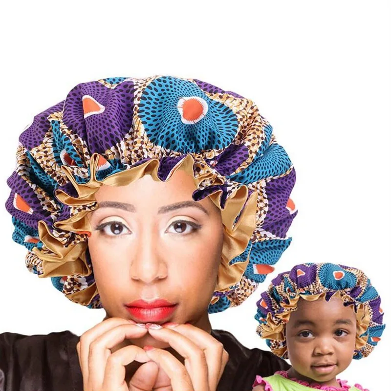 

Атласная шапочка Mommy And Me, двухслойная шапка с рисунком родителя и ребенка из Африканской Анкары, шелковистая шапка для сна, тюрбан, искусств...