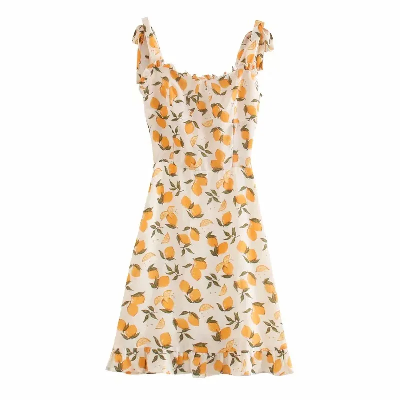 2020 French style Orange Print Women Dress Bodycon Tie Bow Strap Sleeveless Mini Sexy Beach Party Vintage | Женская одежда