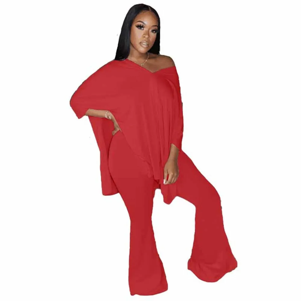 

Active Wear Solid Tracksuit Women's Clothing 2021 V Neck Long Sleeve Split Loose Long Top and Flare Trousers Streetwear Outfits