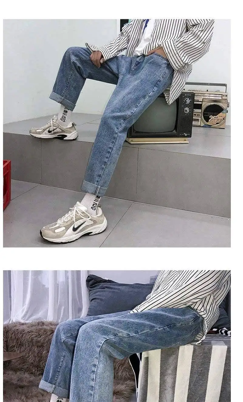 

Ins Japan Jeans Men Cool Graffiti Print Denim Pants Solid Color Fashion Retro Baggy Hip Hop Style Jeans High Street Casual Pant