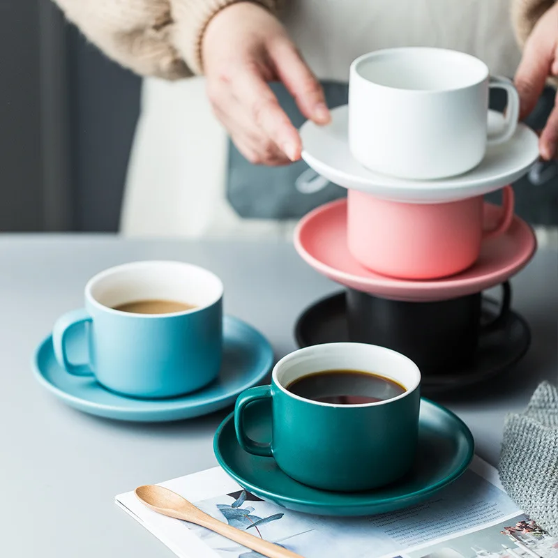 

Nordic Matte Coffee Cup and Saucer Set Household Flower Tea Cup Afternoon Tea Cup and Saucer Simple Ceramic Coffee Set Milk Cup