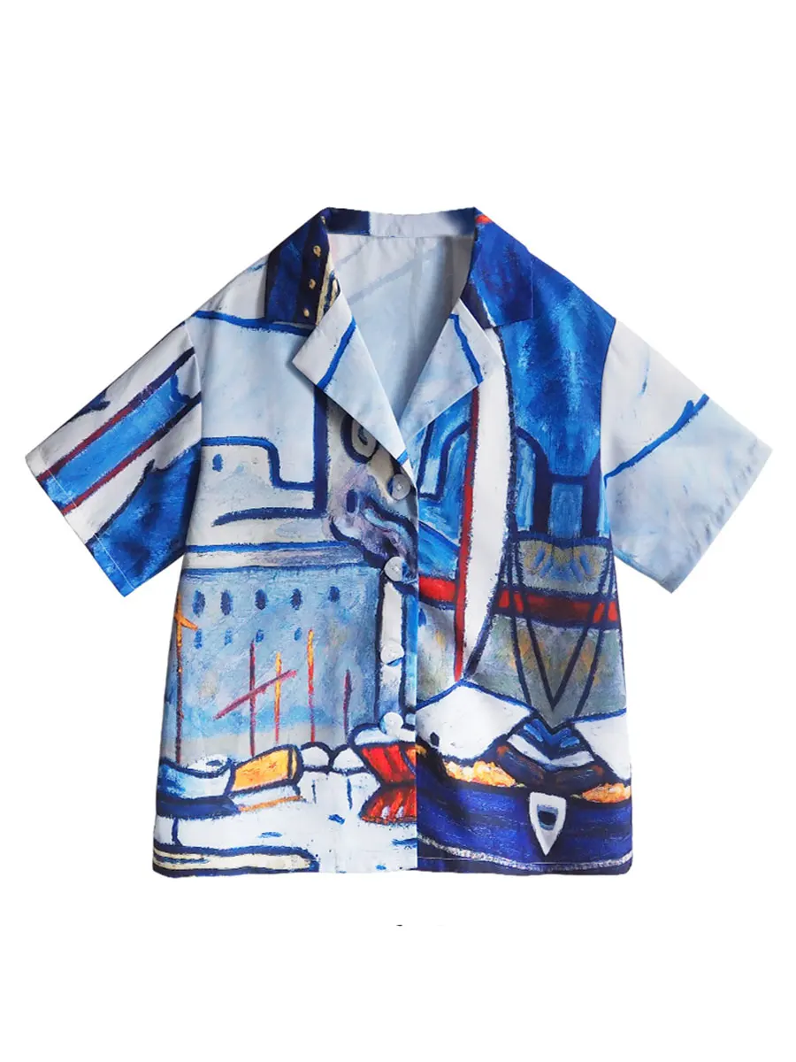 

LYNETTE'S CHINOISERIE Summer Original Design Women All-match Vintage Oil Painting Print Notched Shirts/Blouses