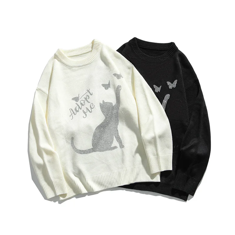 

Kitten Street Trend Fashion Cartoon Hot Drill Couple Knit Shirt Collar Autumn Long-sleeved Casual Men's and Women's Sweaters