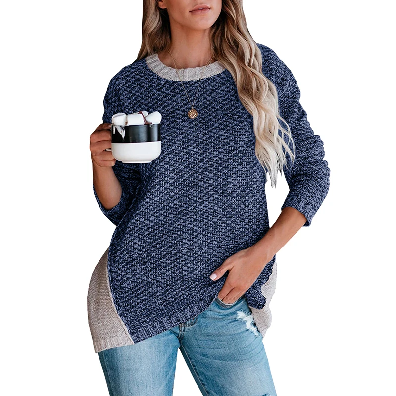 

2020 Autumn Winter Round Neck Fashion Sweaters Jumpers Knitted Pullovers Female Casual Patchwork Oversized Sweaters Women