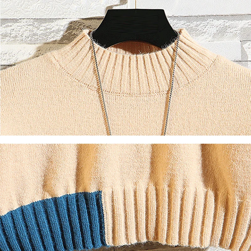 

Fashion ONeck Knitted Vest Sweater Long Sleeve Men'S Casual Patchwork Elasticity Pullover Black 2021 Autumn Winter Men's Sweater