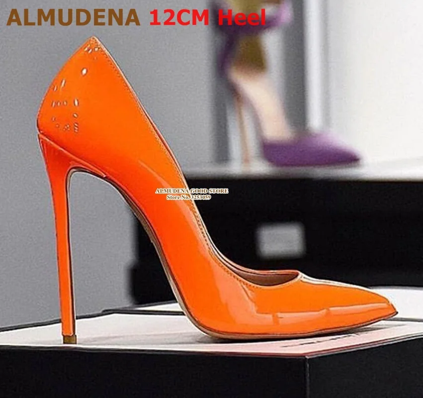 orange 12cm heel ALMUDENA/брендовые туфли-лодочки на шпильке 12, 10, 8 см модельные туфли из лакированной кожи дизайнерские свадебные туфли с острым носком на тонком каблуке размер 45 - Цвет: orange 12cm heel