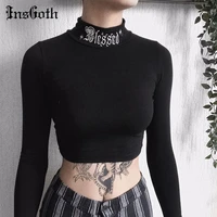 insgoth women black bodycon long sleeve crop tops gothic harajuku letter embroidery vintage solid tops female casual basic tops
