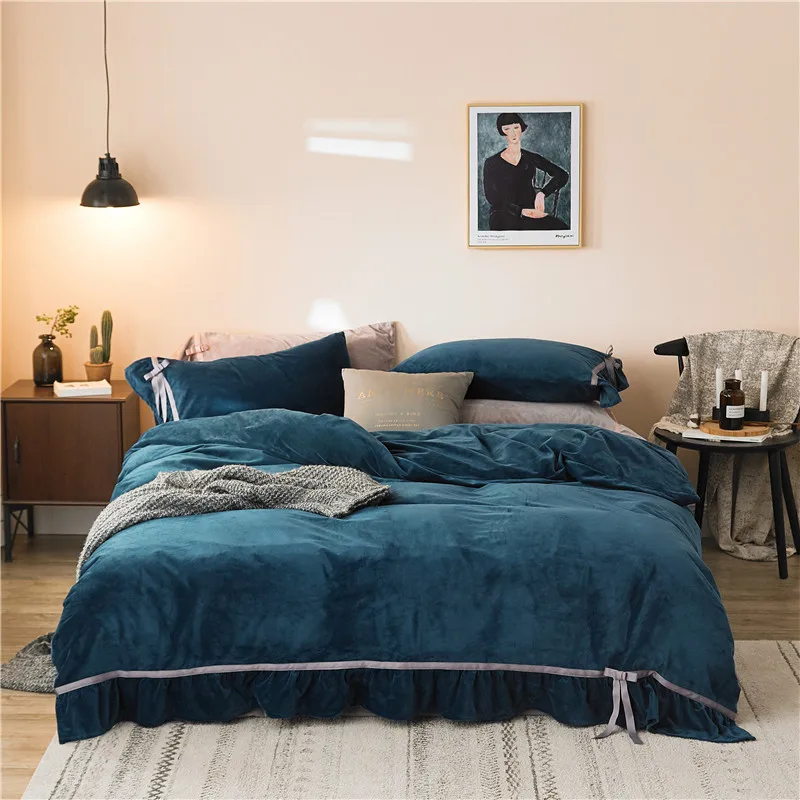 Blue pink beige Duvet Cover Set Bed fleece fabric Linens Pillowcase 4pcs Bedding Queen King size | Дом и сад