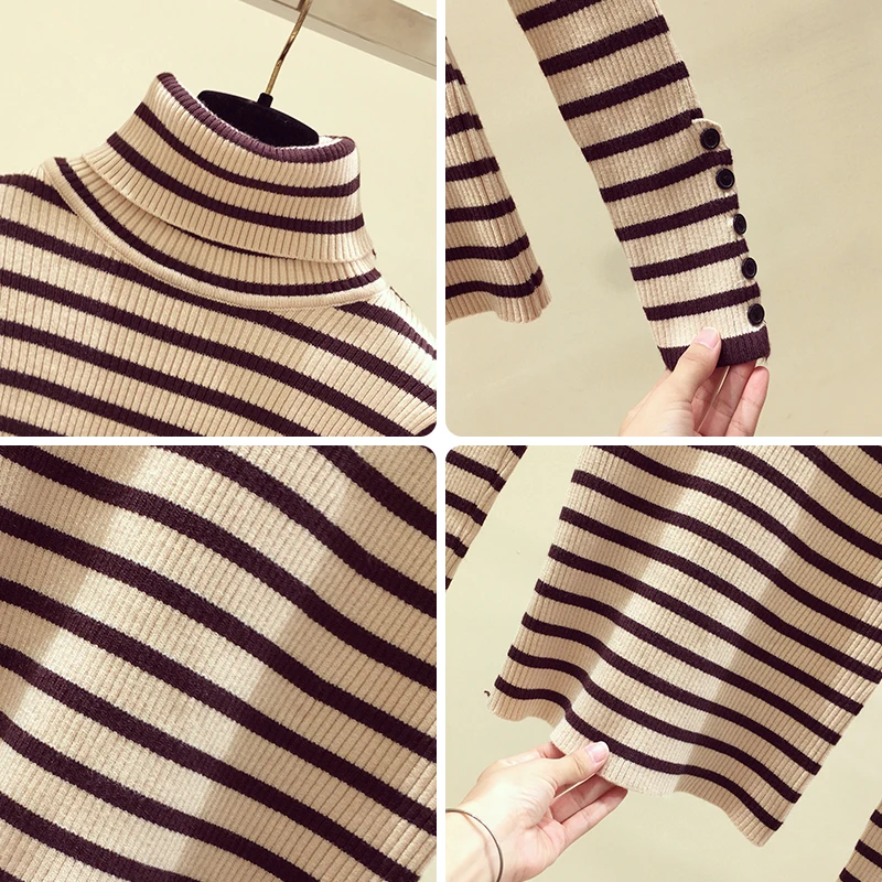 

Striped Sweater Women Turtleneck Pullovers Harajuku Full Sleeve Pullover Autumn Winter Casual Striped Slim Sweaters Oversized