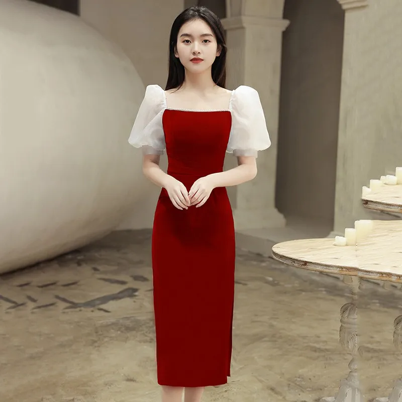 

Sexy Square Collar Qipao Sheath Puff Sleeve Formal Party Dress Gown Pearl Mid-Length Burgundy Cheongsam Folds Romantic Vestidos