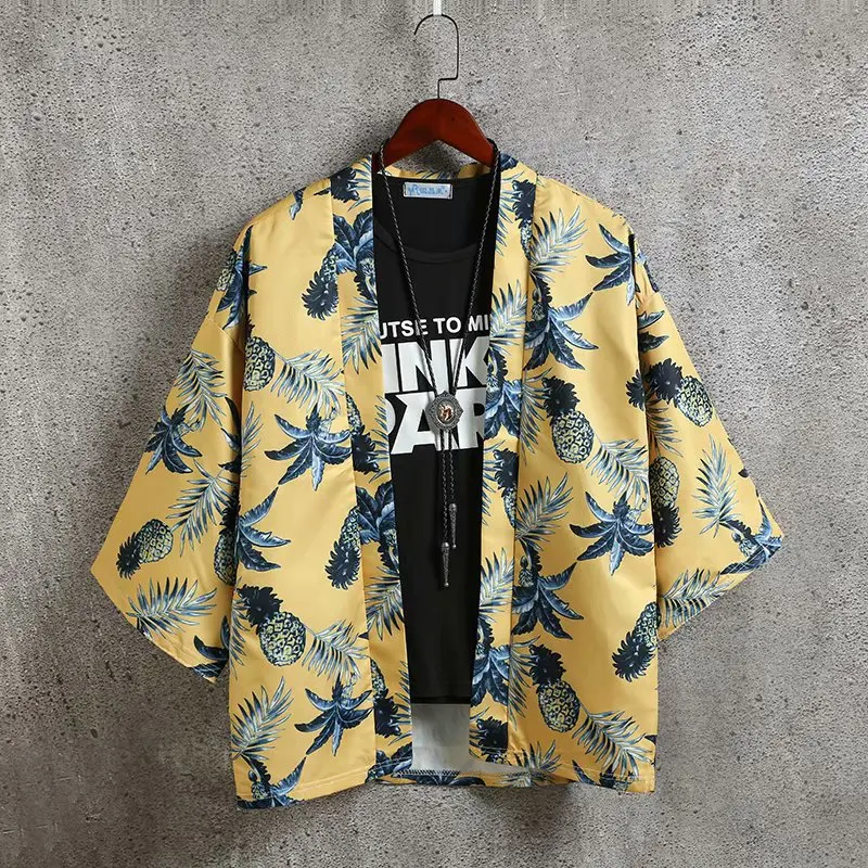

Japanese Kimono Jacket Koi Fish Printed Harajuku Hip Hop Men Japan Style Summer Thin Clothes Loose Kimono Three-quarter Sleeve