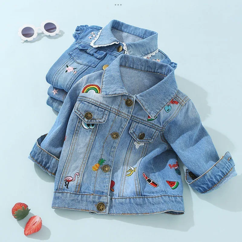 

Girl Autumn Spring Embroidered Denim Jacket Korean Children's Clothing Big Girls Fashion Lace Jean Printed Cartoon Jacket Coat