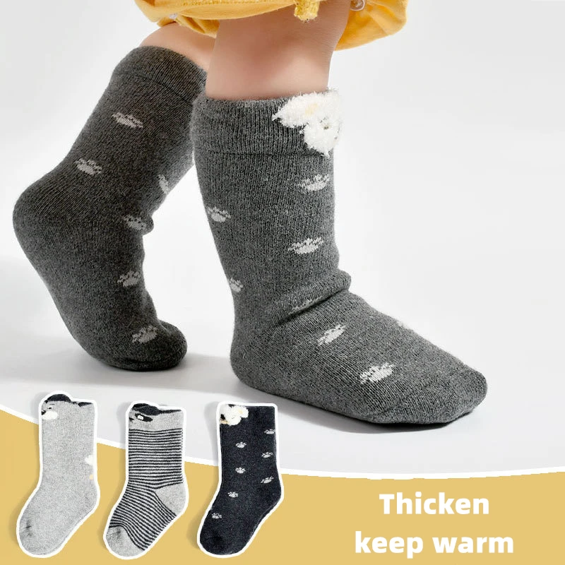 

3 Pairs/lot Children's Socks Striped Cartoon Winter Boy Terry Thicken Keep Warm Newborn Baby Socks Cotton Infant Socks For Girls
