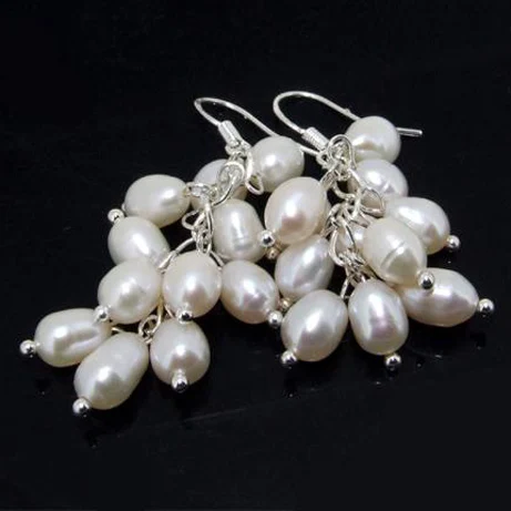 

New Arrival Favorite Pearl Jewelry Rice White Freshwater Cultured Pearl Gemstone Earrings Dangle 925 Silver Hook Fine Lady Gift