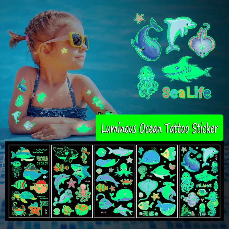 

Светящиеся тату-наклейки для детей, милый мультяшный подводный мир, водонепроницаемые и потостойкие временные тату-наклейки, тату
